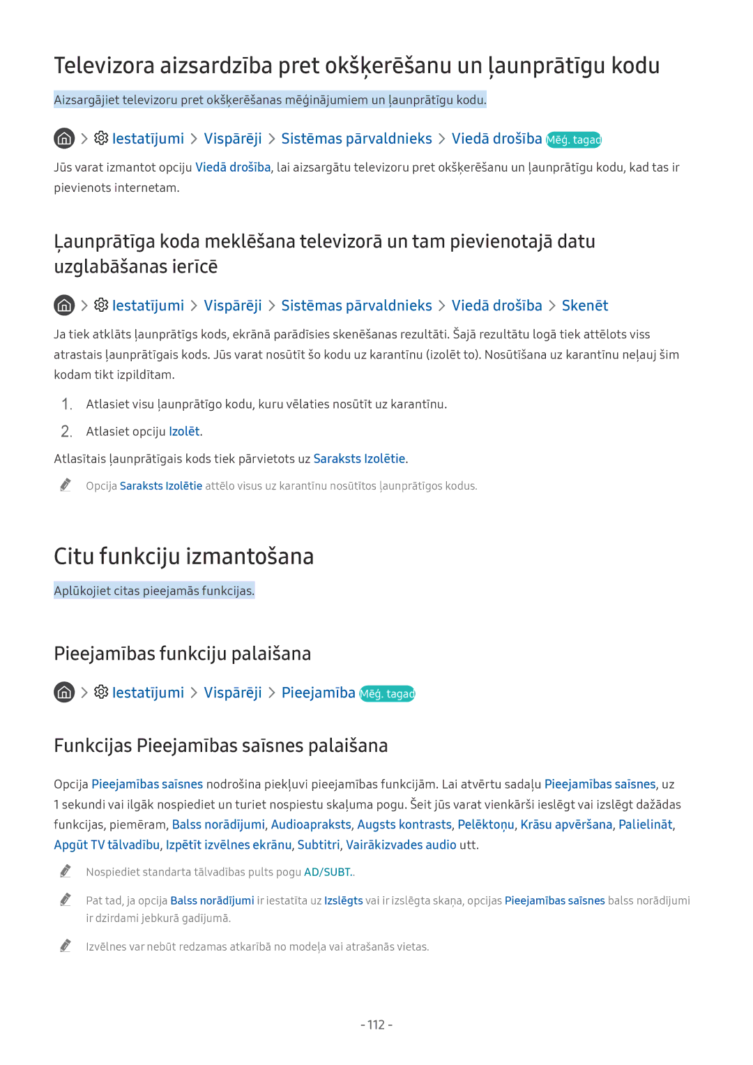 Samsung UE49NU8002TXXH manual Televizora aizsardzība pret okšķerēšanu un ļaunprātīgu kodu, Citu funkciju izmantošana 