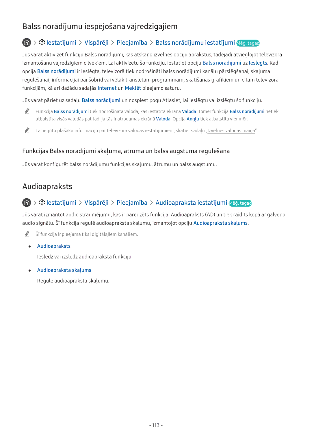 Samsung UE49NU8072TXXH manual Balss norādījumu iespējošana vājredzīgajiem, Audioapraksts, Audioapraksta skaļums, 113 