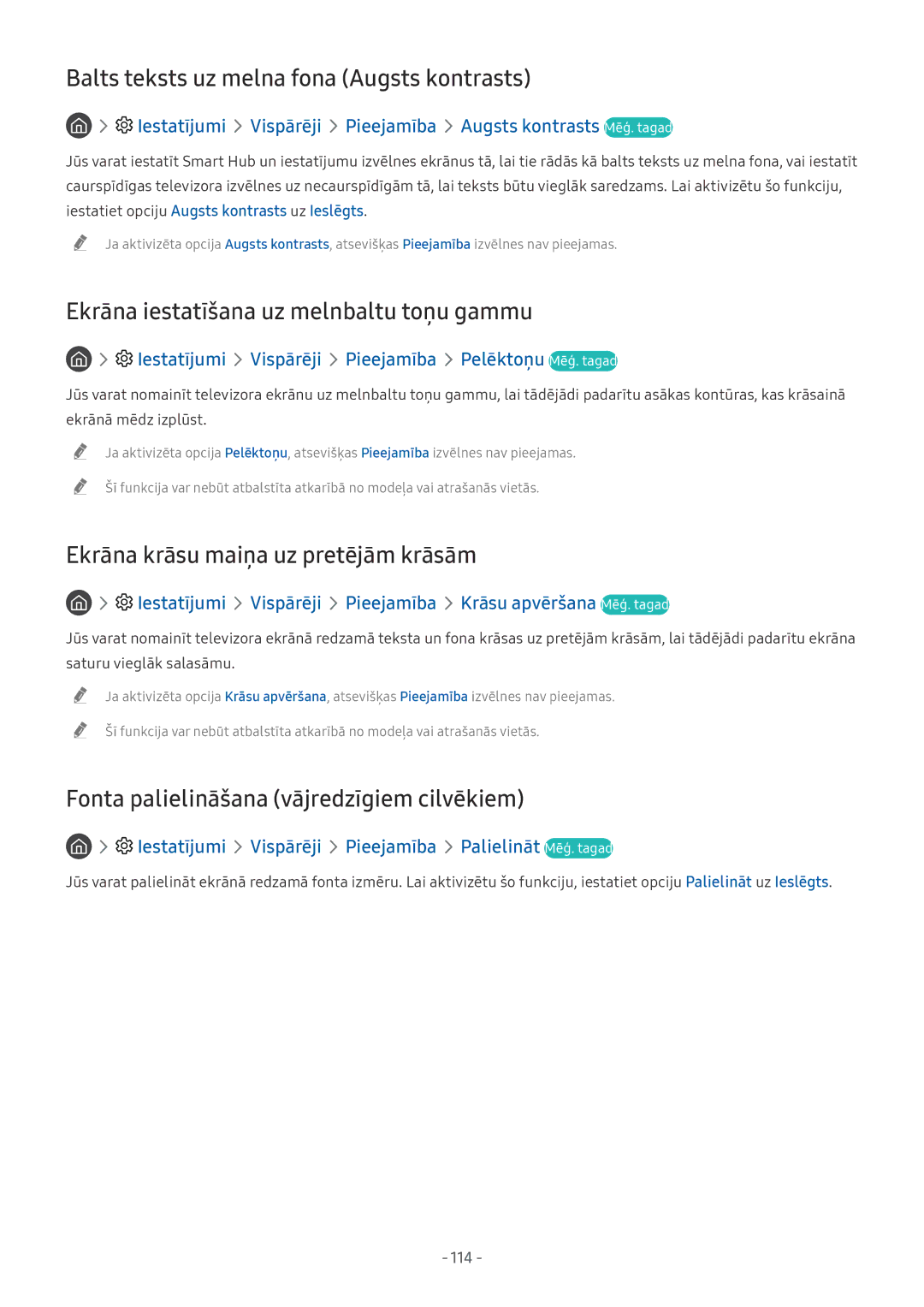 Samsung QE55Q8CNATXXH manual Balts teksts uz melna fona Augsts kontrasts, Ekrāna iestatīšana uz melnbaltu toņu gammu 