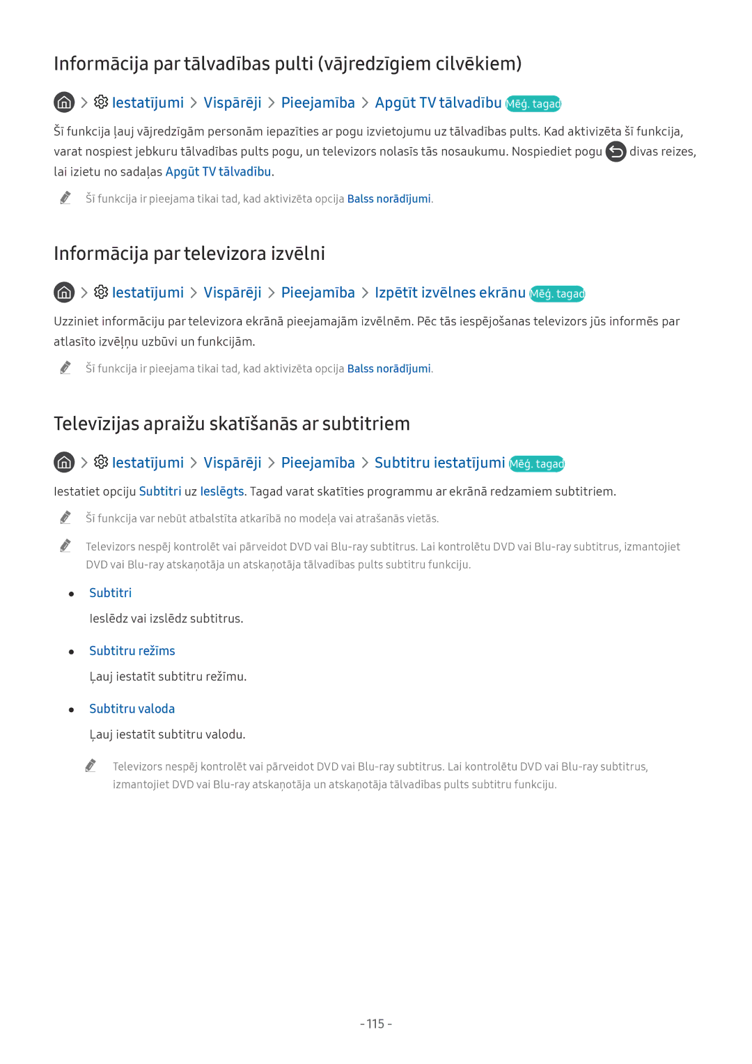 Samsung QE55Q7FNATXXH Informācija par tālvadības pulti vājredzīgiem cilvēkiem, Informācija par televizora izvēlni, 115 