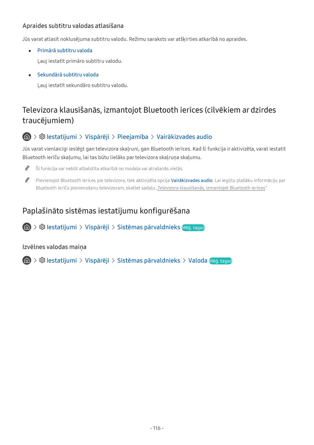 Samsung QE75Q9FNATXXH manual Paplašināto sistēmas iestatījumu konfigurēšana, Apraides subtitru valodas atlasīšana, 116 