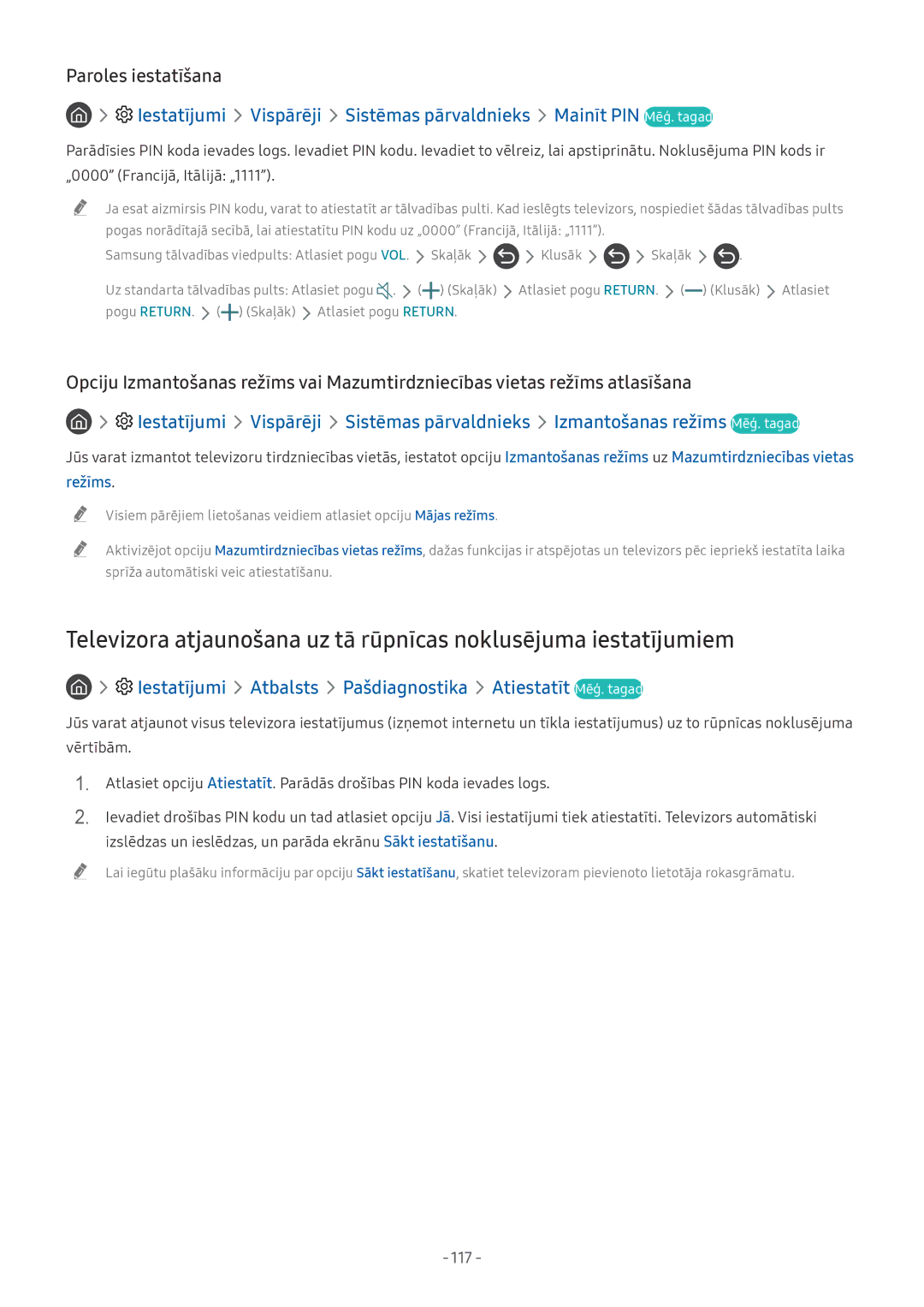 Samsung QE65Q9FNATXXH manual Paroles iestatīšana, Iestatījumi Atbalsts Pašdiagnostika Atiestatīt Mēģ. tagad, Režīms, 117 