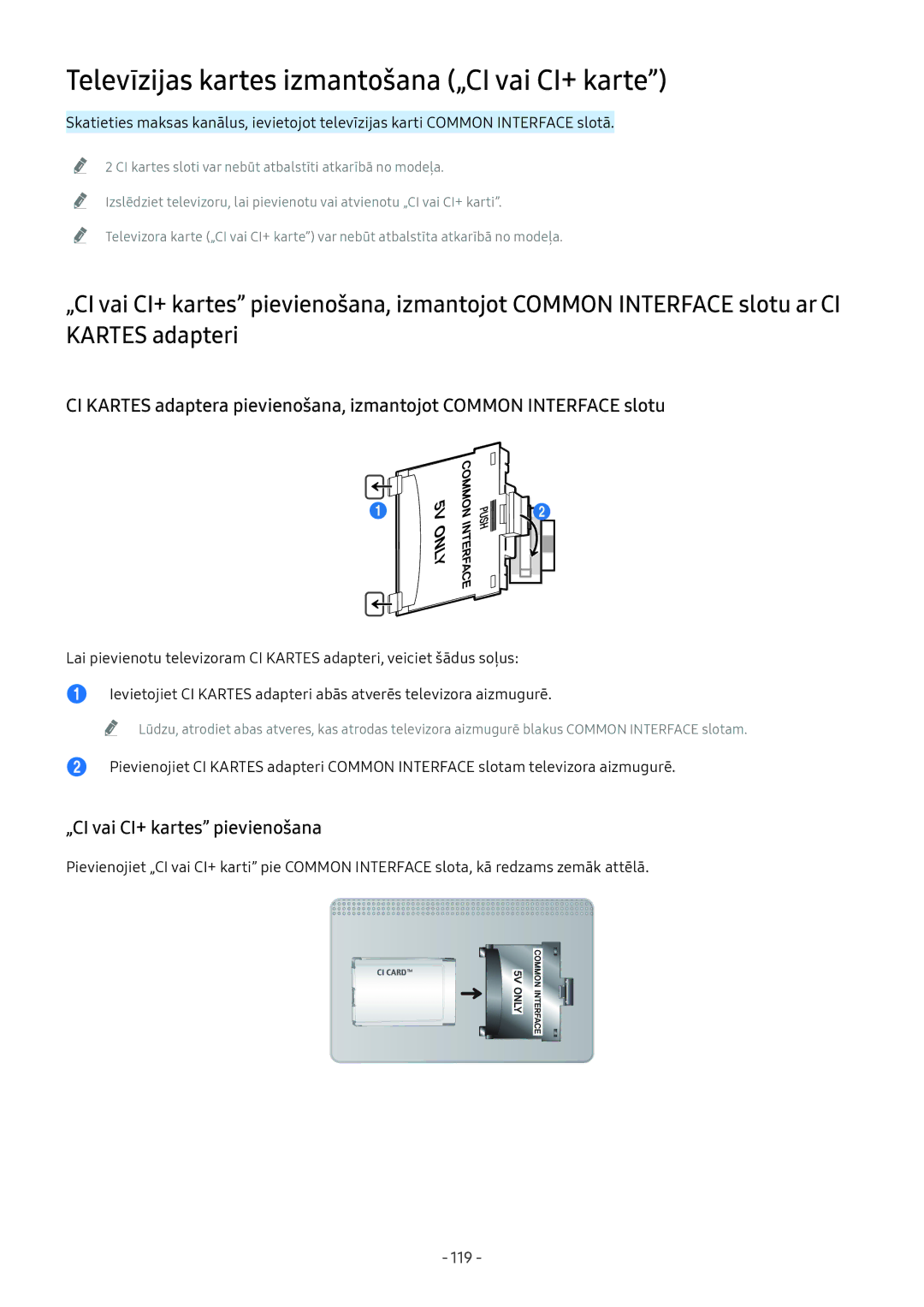 Samsung QE65Q6FAMTXXH manual Televīzijas kartes izmantošana „CI vai CI+ karte, „CI vai CI+ kartes pievienošana, 119 