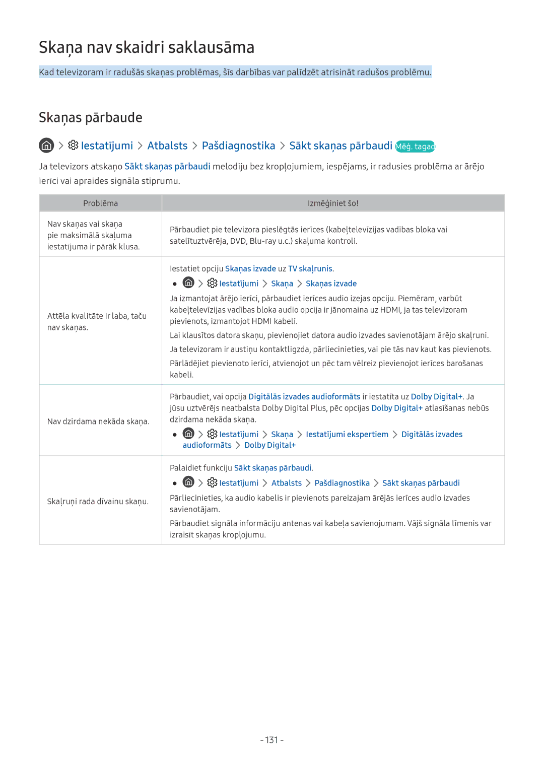 Samsung QE65Q6FAMTXXH, QE65Q8CNATXXH, UE65NU7402UXXH, QE75Q7FNATXXH manual Skaņa nav skaidri saklausāma, Skaņas pārbaude, 131 