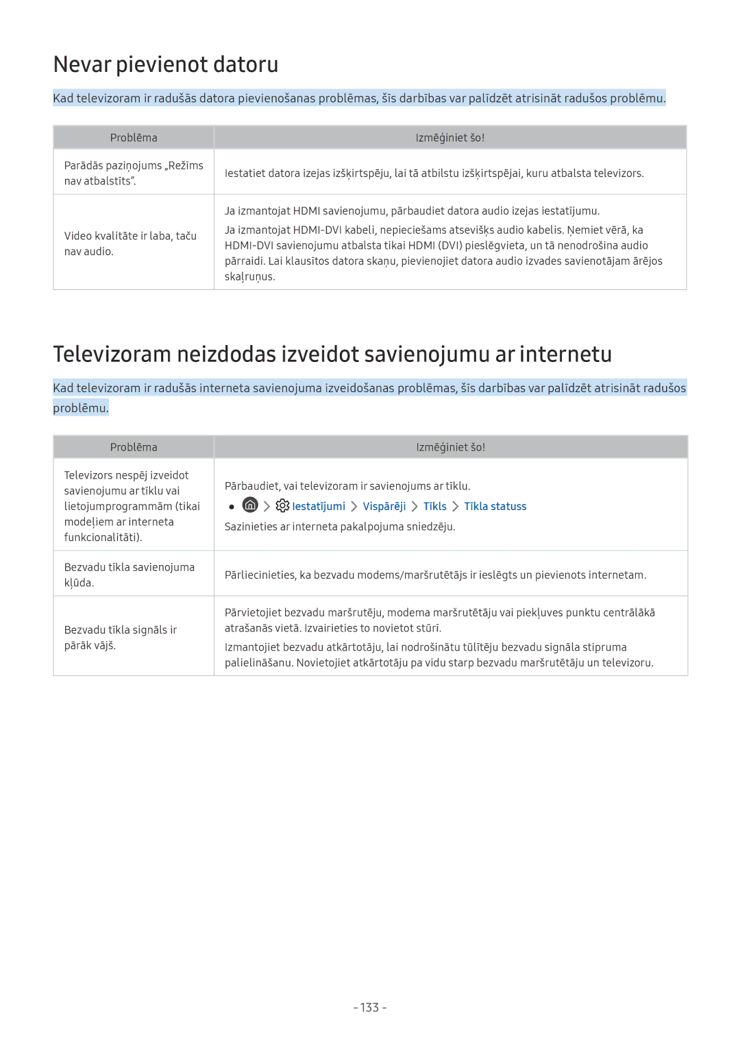 Samsung UE65NU7402UXXH, QE65Q8CNATXXH Nevar pievienot datoru, Televizoram neizdodas izveidot savienojumu ar internetu, 133 