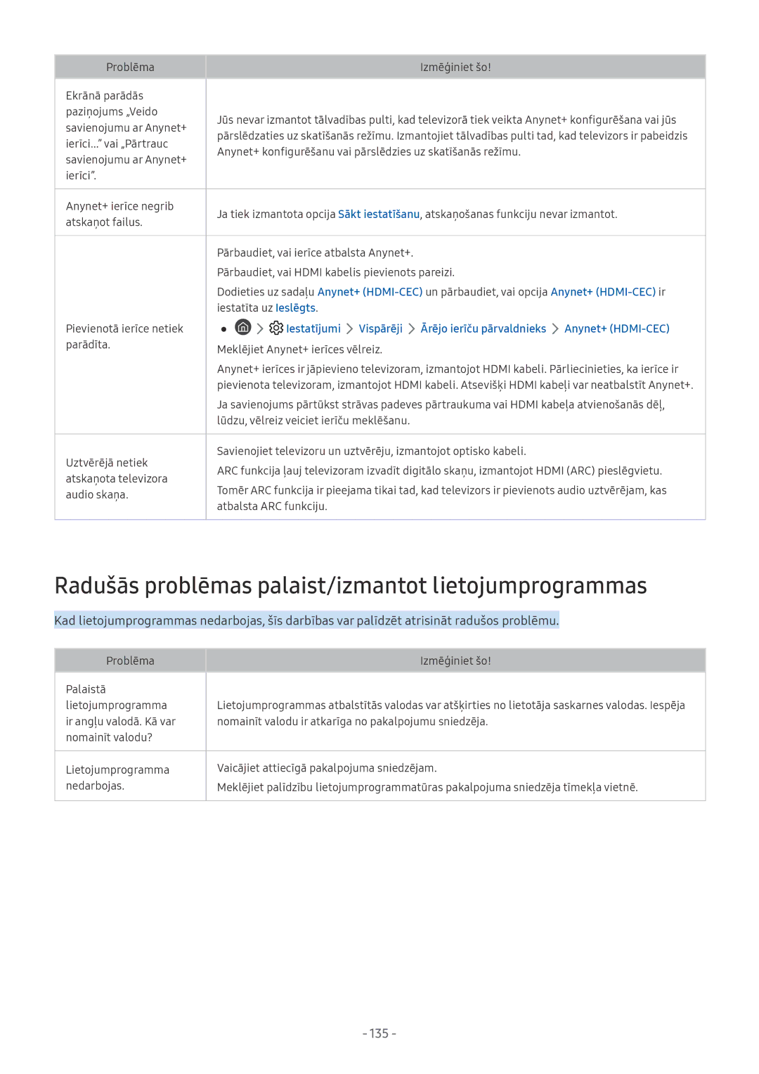 Samsung QE55Q9FNATXXH, QE65Q8CNATXXH, UE65NU7402UXXH manual Radušās problēmas palaist/izmantot lietojumprogrammas, 135 