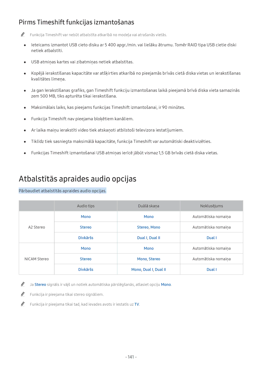 Samsung QE65Q9FNATXXH, QE65Q8CNATXXH manual Atbalstītās apraides audio opcijas, Pirms Timeshift funkcijas izmantošanas, 141 