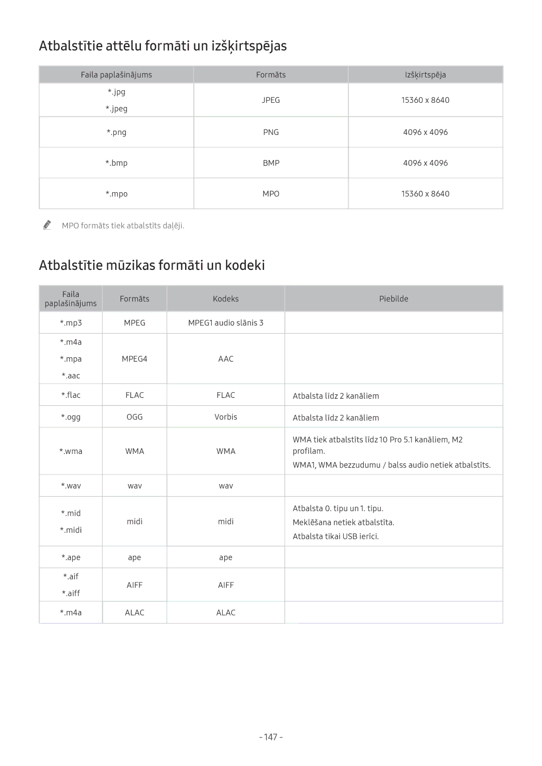 Samsung QE55Q9FNATXXH manual Atbalstītie attēlu formāti un izšķirtspējas, Atbalstītie mūzikas formāti un kodeki, 147 