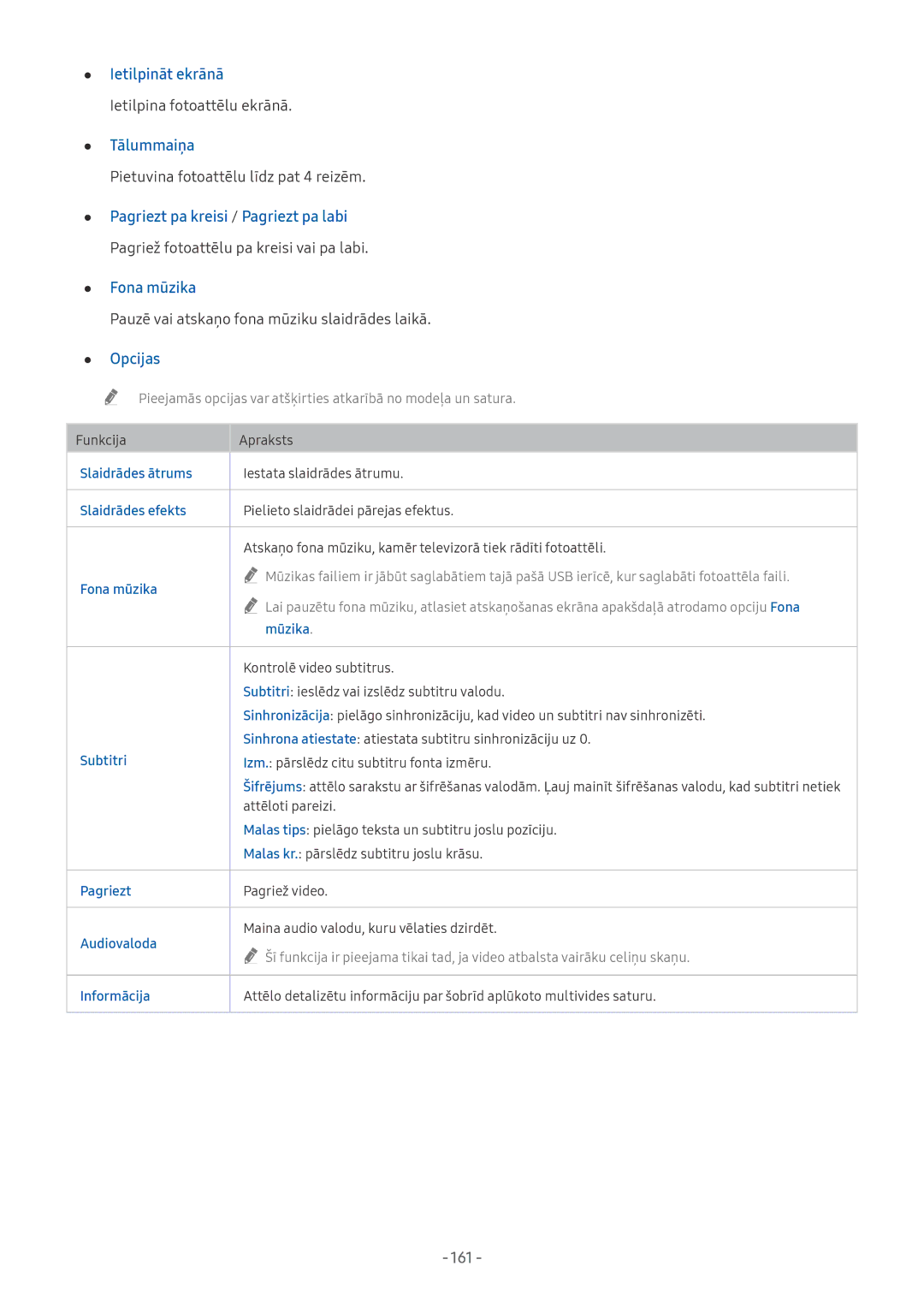 Samsung UE49NU8072TXXH, QE65Q8CNATXXH, UE65NU7402UXXH, QE75Q7FNATXXH manual Ietilpināt ekrānā, Tālummaiņa, Opcijas, 161 