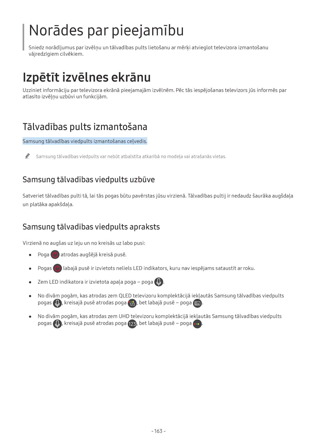 Samsung QE55Q7FNATXXH, QE65Q8CNATXXH, UE65NU7402UXXH Tālvadības pults izmantošana, Samsung tālvadības viedpults uzbūve, 163 