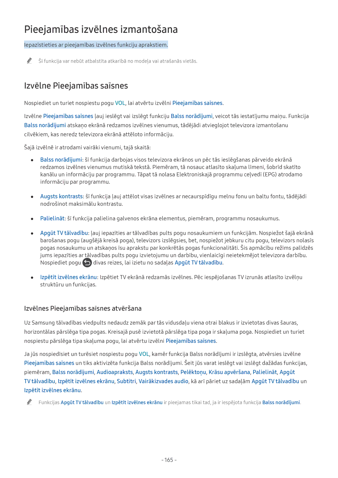 Samsung QE65Q9FNATXXH, QE65Q8CNATXXH, UE65NU7402UXXH Pieejamības izvēlnes izmantošana, Izvēlne Pieejamības saīsnes, 165 