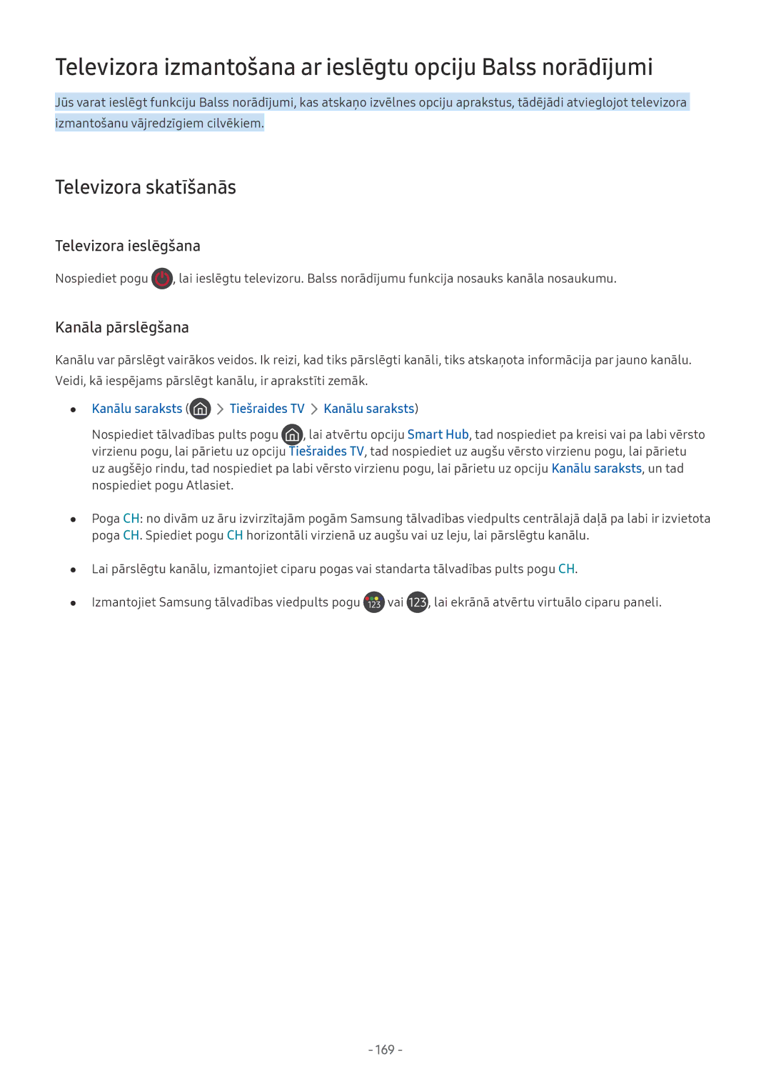 Samsung UE65NU7402UXXH manual Televizora izmantošana ar ieslēgtu opciju Balss norādījumi, Televizora ieslēgšana, 169 