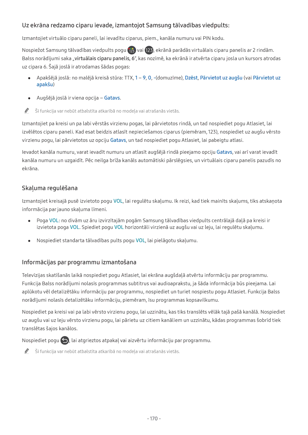 Samsung QE75Q7FNATXXH, QE65Q8CNATXXH, UE65NU7402UXXH manual Skaļuma regulēšana, Informācijas par programmu izmantošana, 170 