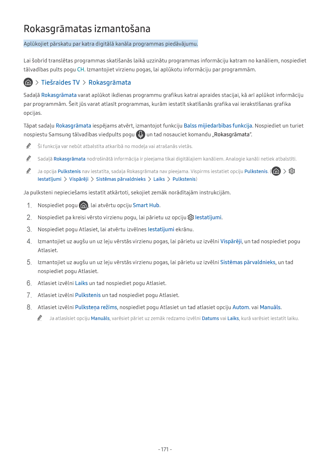 Samsung QE55Q9FNATXXH, QE65Q8CNATXXH, UE65NU7402UXXH manual Rokasgrāmatas izmantošana, Tiešraides TV Rokasgrāmata, 171 