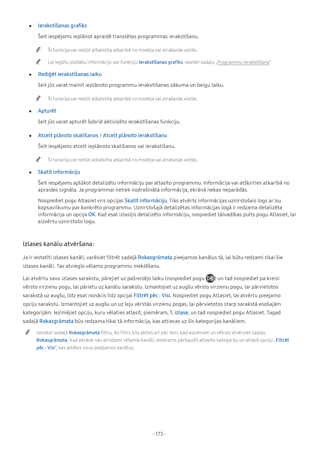 Samsung UE49NU8072TXXH, QE65Q8CNATXXH Izlases kanālu atvēršana, Ierakstīšanas grafiks, Apturēt, Skatīt informāciju, 173 