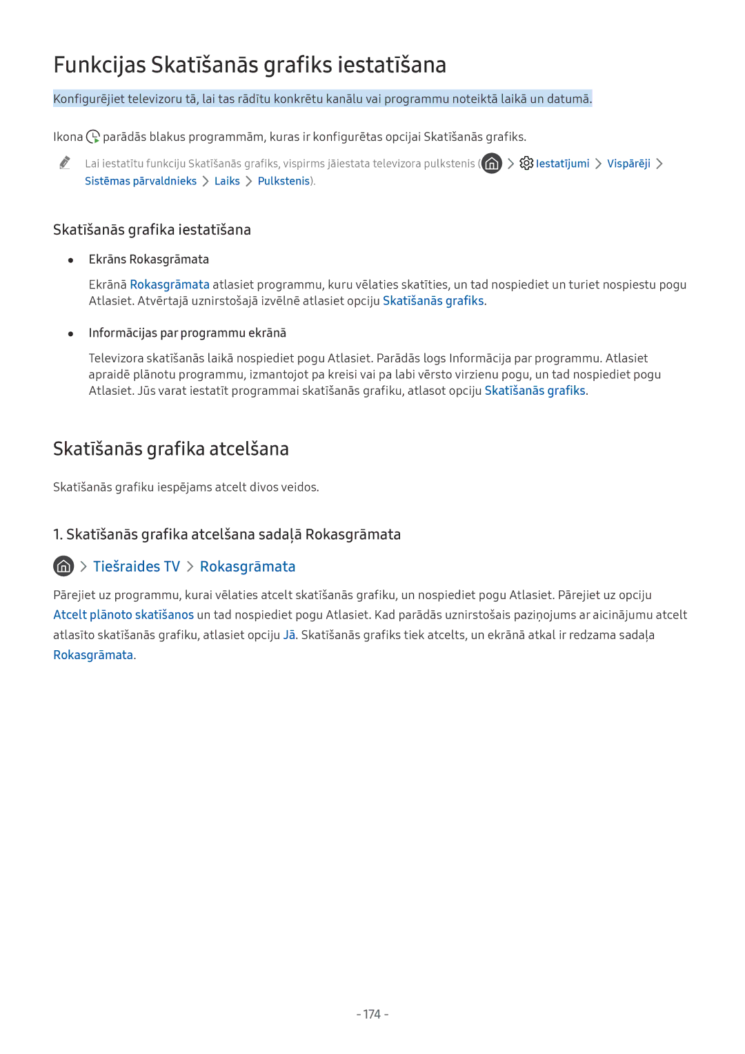Samsung QE55Q8CNATXXH, QE65Q8CNATXXH manual Skatīšanās grafika atcelšana, Skatīšanās grafika iestatīšana, Rokasgrāmata, 174 