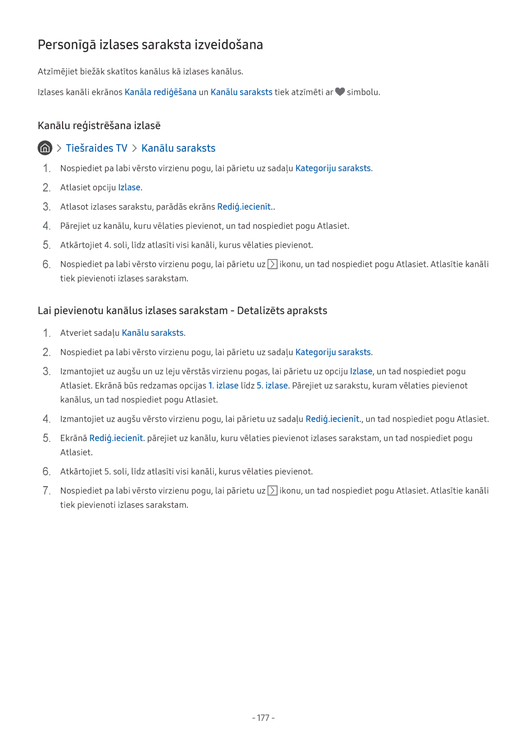 Samsung QE65Q9FNATXXH, QE65Q8CNATXXH, QE75Q7FNATXXH Personīgā izlases saraksta izveidošana, Kanālu reģistrēšana izlasē, 177 