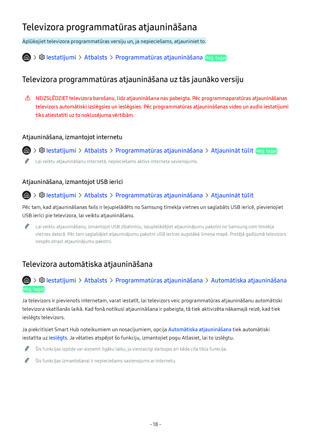 Samsung QE55Q8CNATXXH, QE65Q8CNATXXH manual Televizora programmatūras atjaunināšana, Televizora automātiska atjaunināšana 