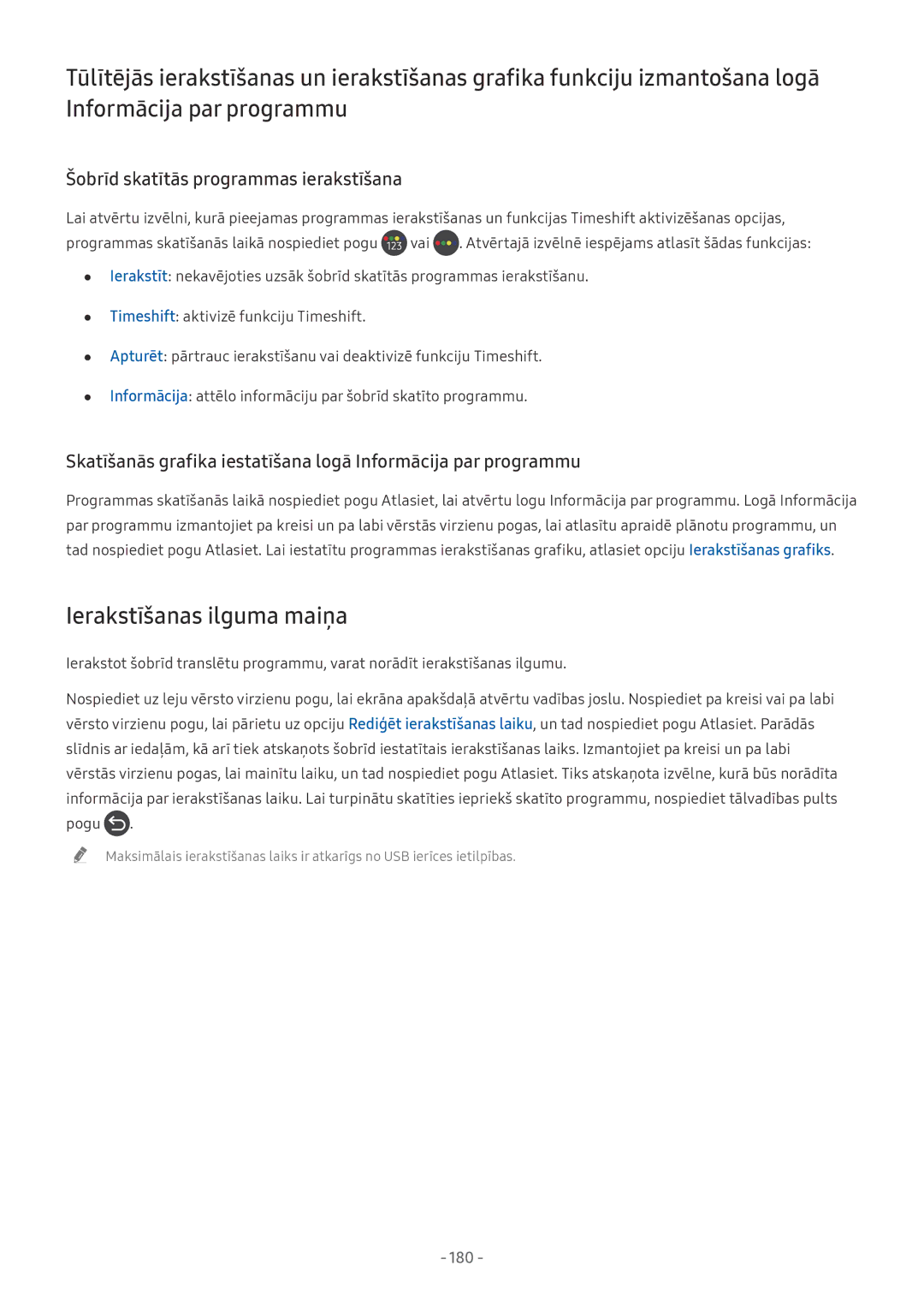 Samsung QE65Q8CNATXXH, UE65NU7402UXXH manual Ierakstīšanas ilguma maiņa, Šobrīd skatītās programmas ierakstīšana, 180 