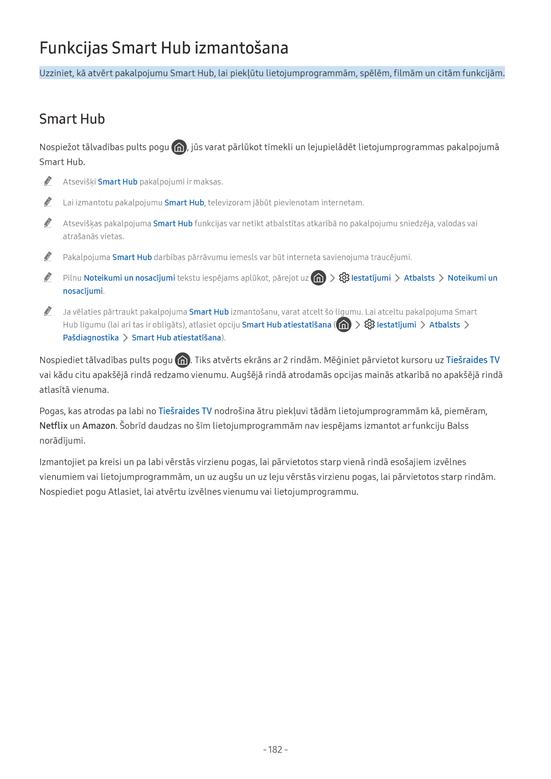 Samsung QE75Q7FNATXXH, QE65Q8CNATXXH, UE65NU7402UXXH manual Smart Hub, 182, Iestatījumi Atbalsts Noteikumi un, Nosacījumi 