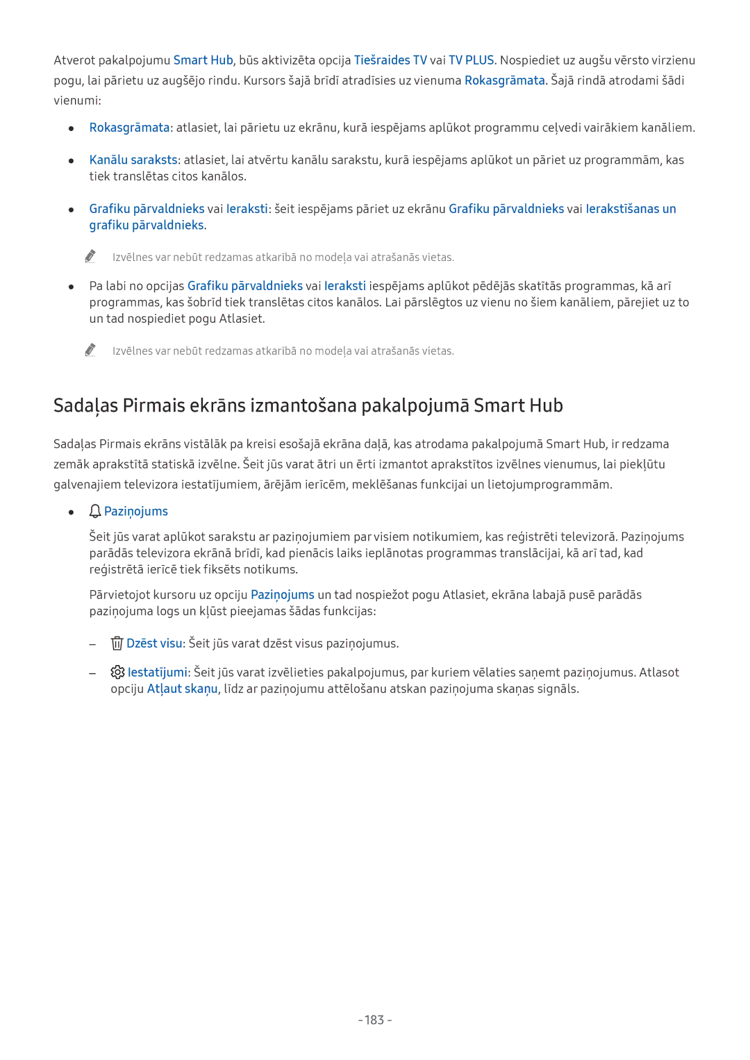 Samsung QE55Q9FNATXXH, QE65Q8CNATXXH manual Sadaļas Pirmais ekrāns izmantošana pakalpojumā Smart Hub, Paziņojums, 183 