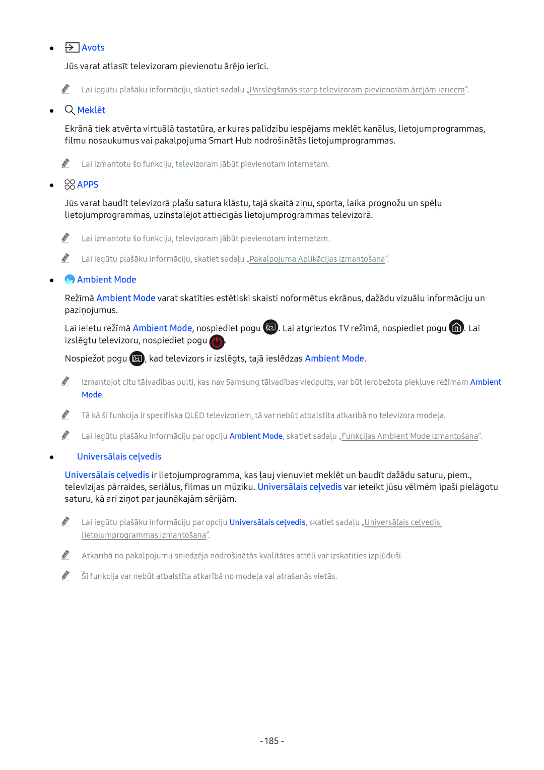 Samsung UE49NU8072TXXH, QE65Q8CNATXXH, UE65NU7402UXXH, QE75Q7FNATXXH manual Avots, Meklēt, Apps, Universālais ceļvedis, 185 