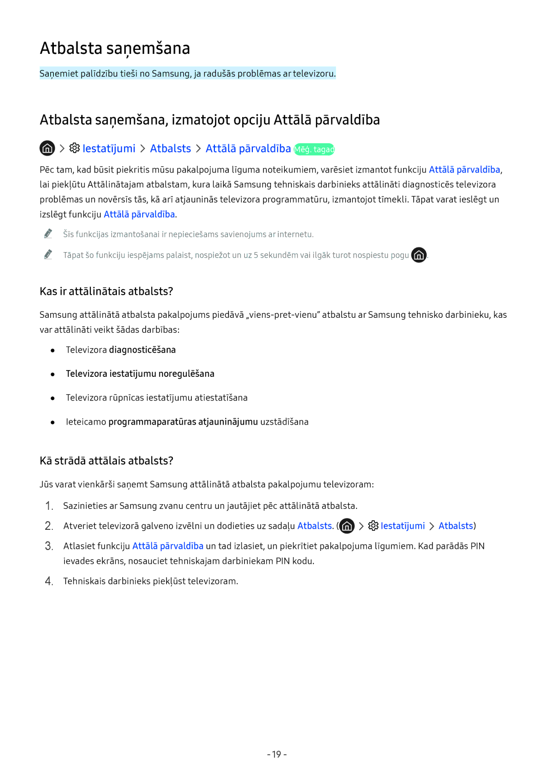 Samsung QE55Q7FNATXXH manual Atbalsta saņemšana, izmatojot opciju Attālā pārvaldība, Kas ir attālinātais atbalsts? 