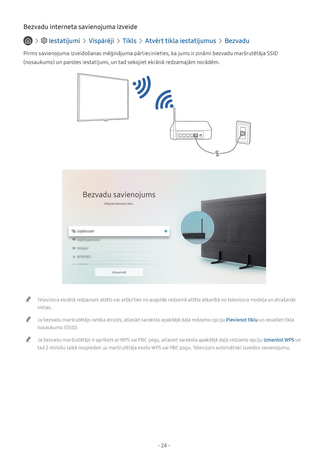 Samsung QE65Q8CNATXXH, UE65NU7402UXXH, QE75Q7FNATXXH manual Bezvadu savienojums, Bezvadu interneta savienojuma izveide 