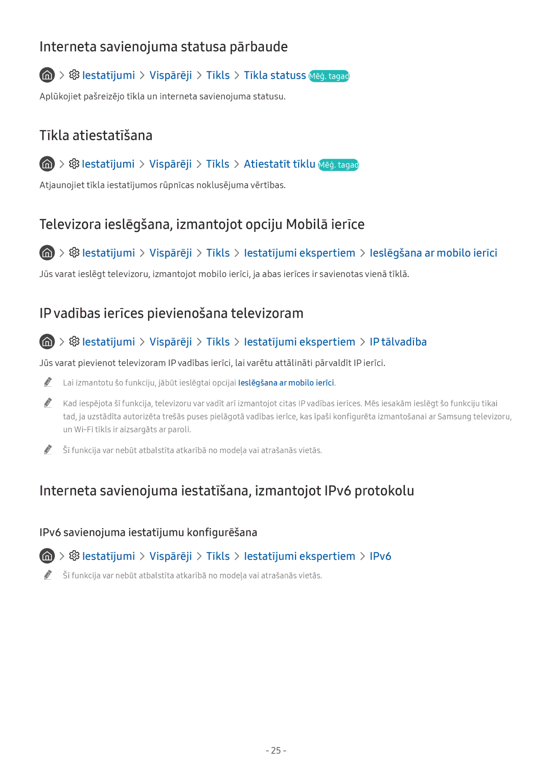 Samsung UE65NU7402UXXH, QE65Q8CNATXXH, QE75Q7FNATXXH manual Interneta savienojuma statusa pārbaude, Tīkla atiestatīšana 