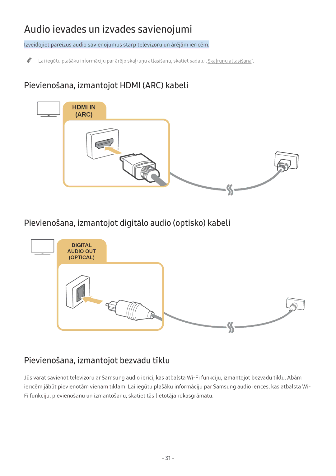 Samsung QE55Q7FNATXXH, QE65Q8CNATXXH manual Audio ievades un izvades savienojumi, Pievienošana, izmantojot Hdmi ARC kabeli 