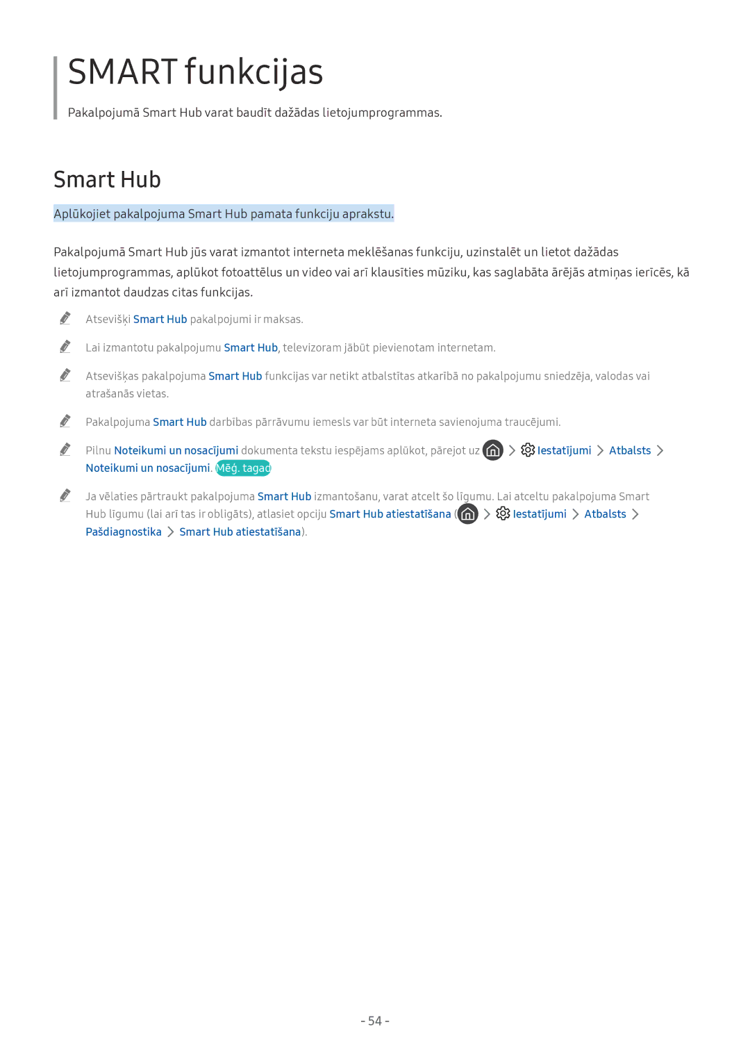 Samsung QE55Q8CNATXXH, QE65Q8CNATXXH, UE65NU7402UXXH manual Iestatījumi Atbalsts, Pašdiagnostika Smart Hub atiestatīšana 