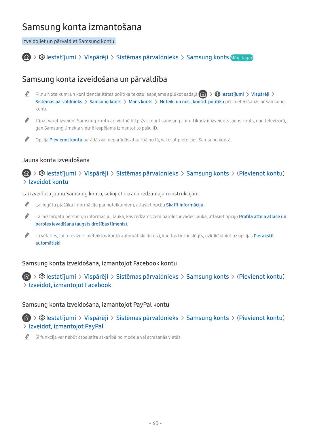 Samsung QE65Q8CNATXXH manual Samsung konta izmantošana, Samsung konta izveidošana un pārvaldība, Jauna konta izveidošana 