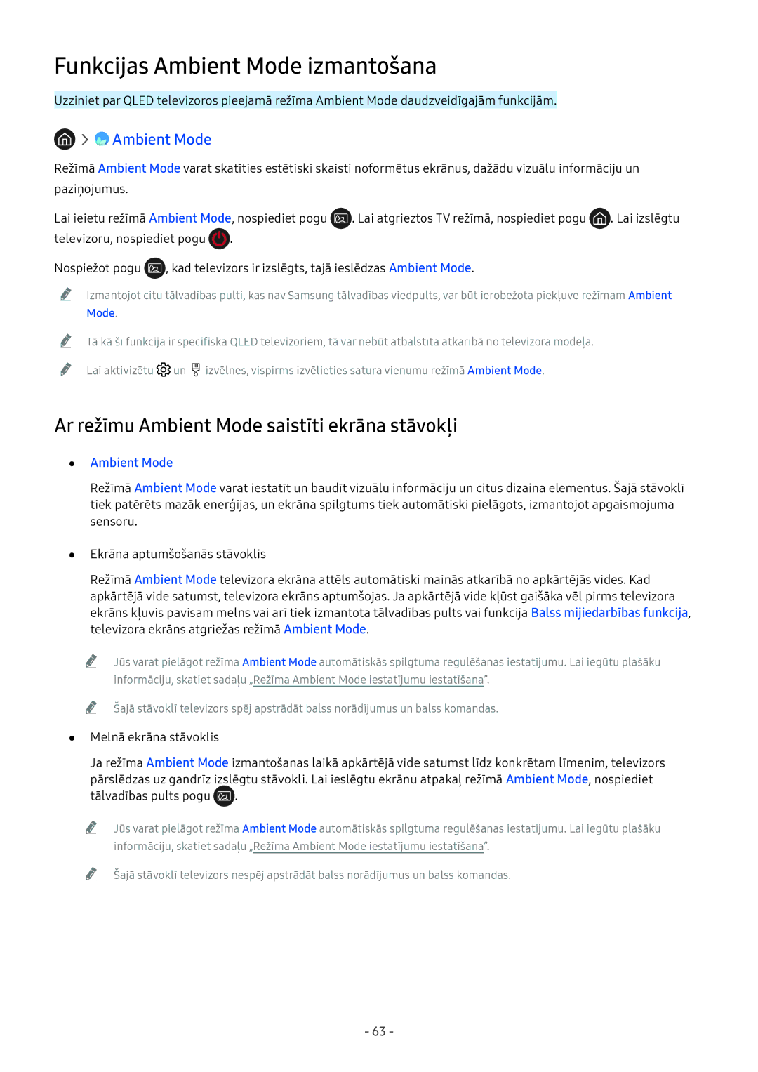 Samsung QE55Q9FNATXXH, QE65Q8CNATXXH, UE65NU7402UXXH, QE75Q7FNATXXH, UE49NU8002TXXH manual Funkcijas Ambient Mode izmantošana 