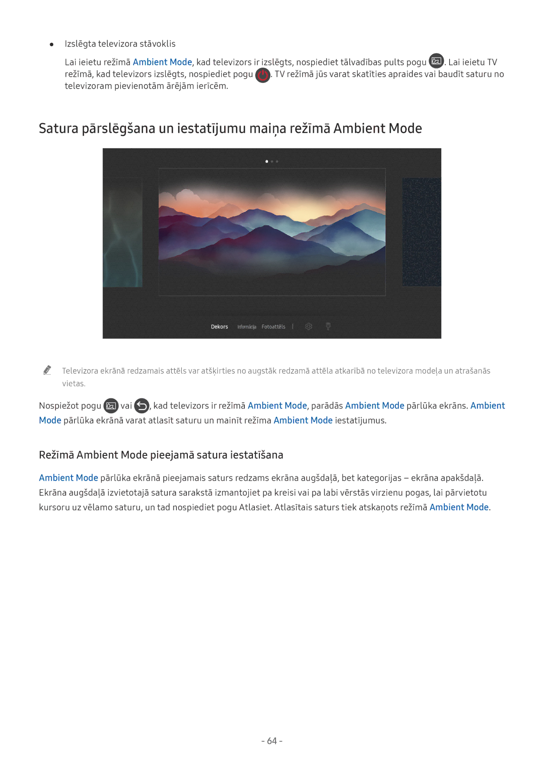 Samsung UE49NU8002TXXH, QE65Q8CNATXXH, UE65NU7402UXXH manual Satura pārslēgšana un iestatījumu maiņa režīmā Ambient Mode 