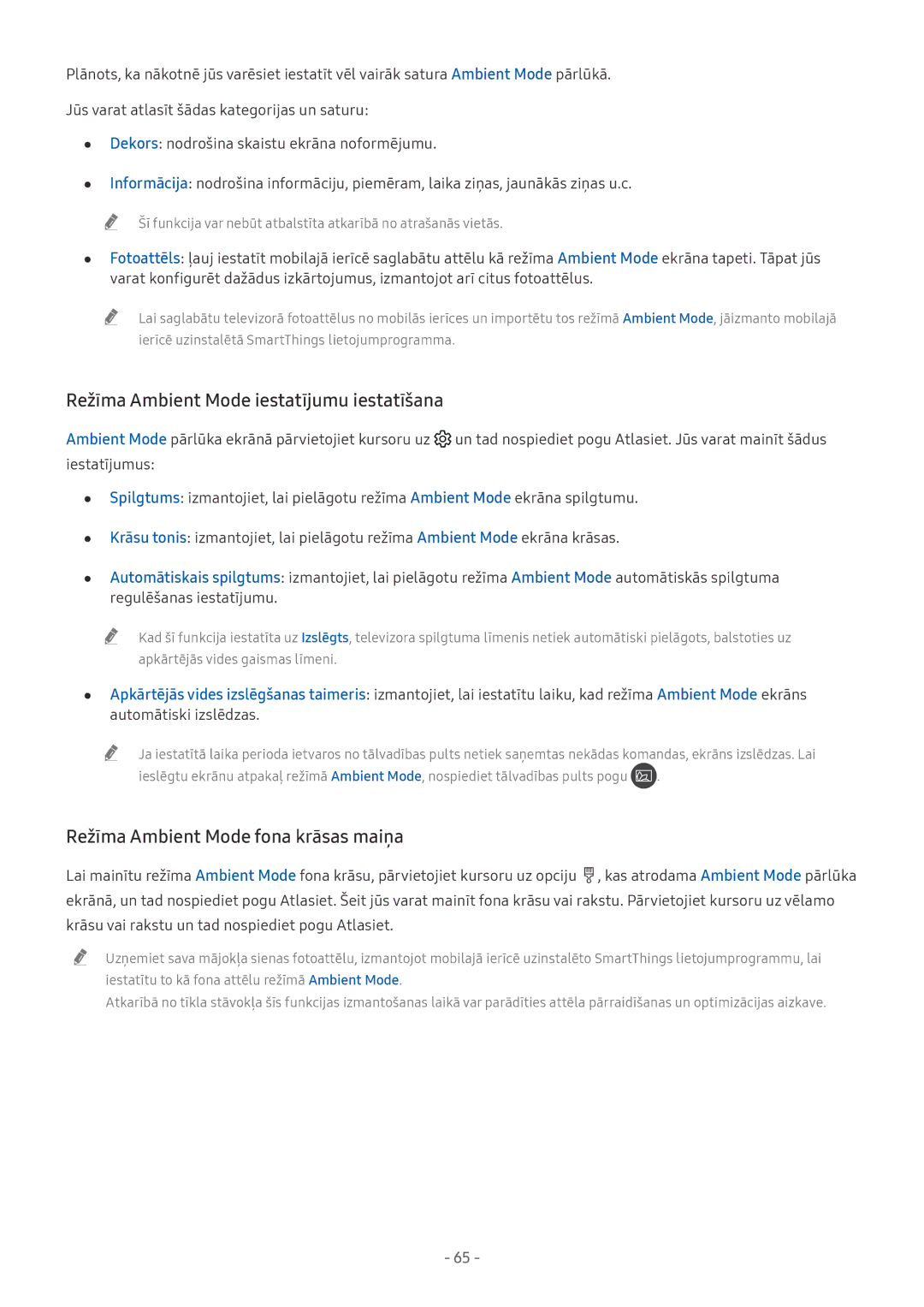 Samsung UE49NU8072TXXH, QE65Q8CNATXXH, UE65NU7402UXXH, QE75Q7FNATXXH manual Režīma Ambient Mode iestatījumu iestatīšana 