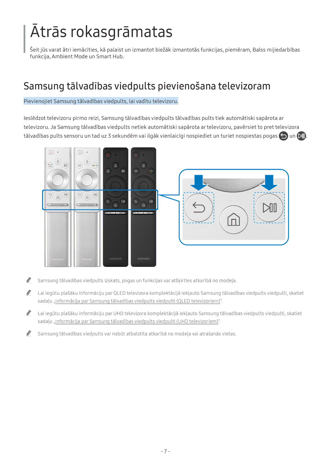 Samsung QE55Q7FNATXXH, QE65Q8CNATXXH manual Ātrās rokasgrāmatas, Samsung tālvadības viedpults pievienošana televizoram 