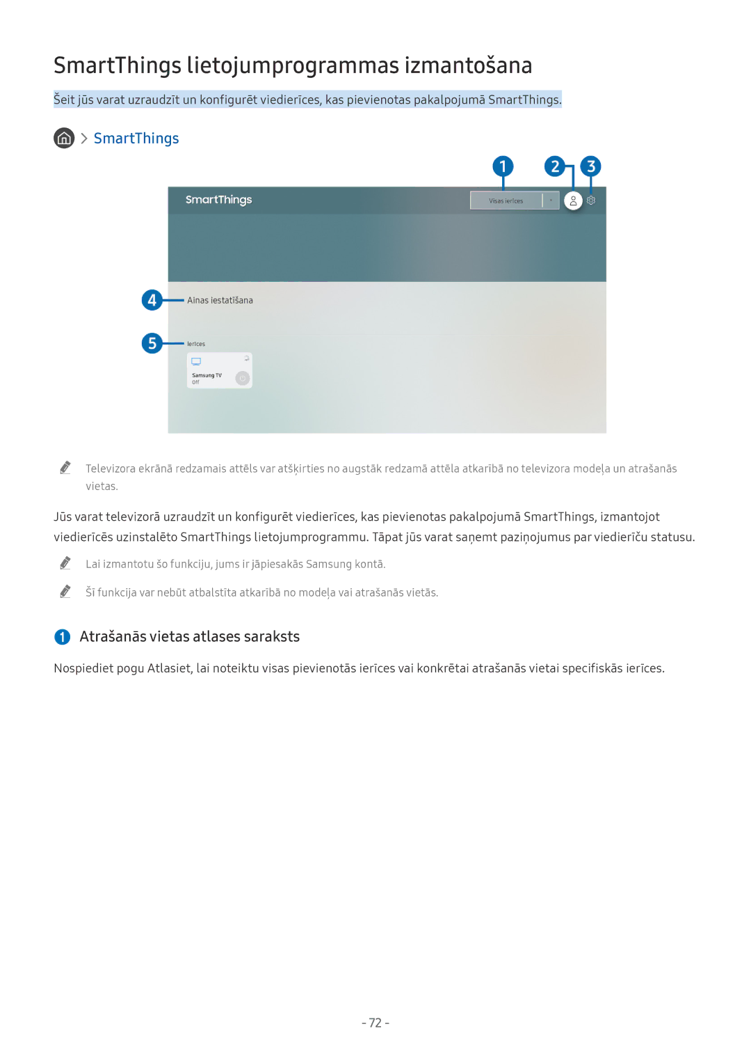 Samsung QE65Q8CNATXXH, UE65NU7402UXXH manual SmartThings lietojumprogrammas izmantošana,  Atrašanās vietas atlases saraksts 