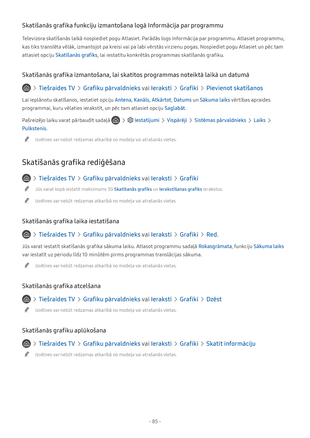 Samsung UE65NU7402UXXH Skatīšanās grafika rediģēšana, Skatīšanās grafika laika iestatīšana, Skatīšanās grafika atcelšana 