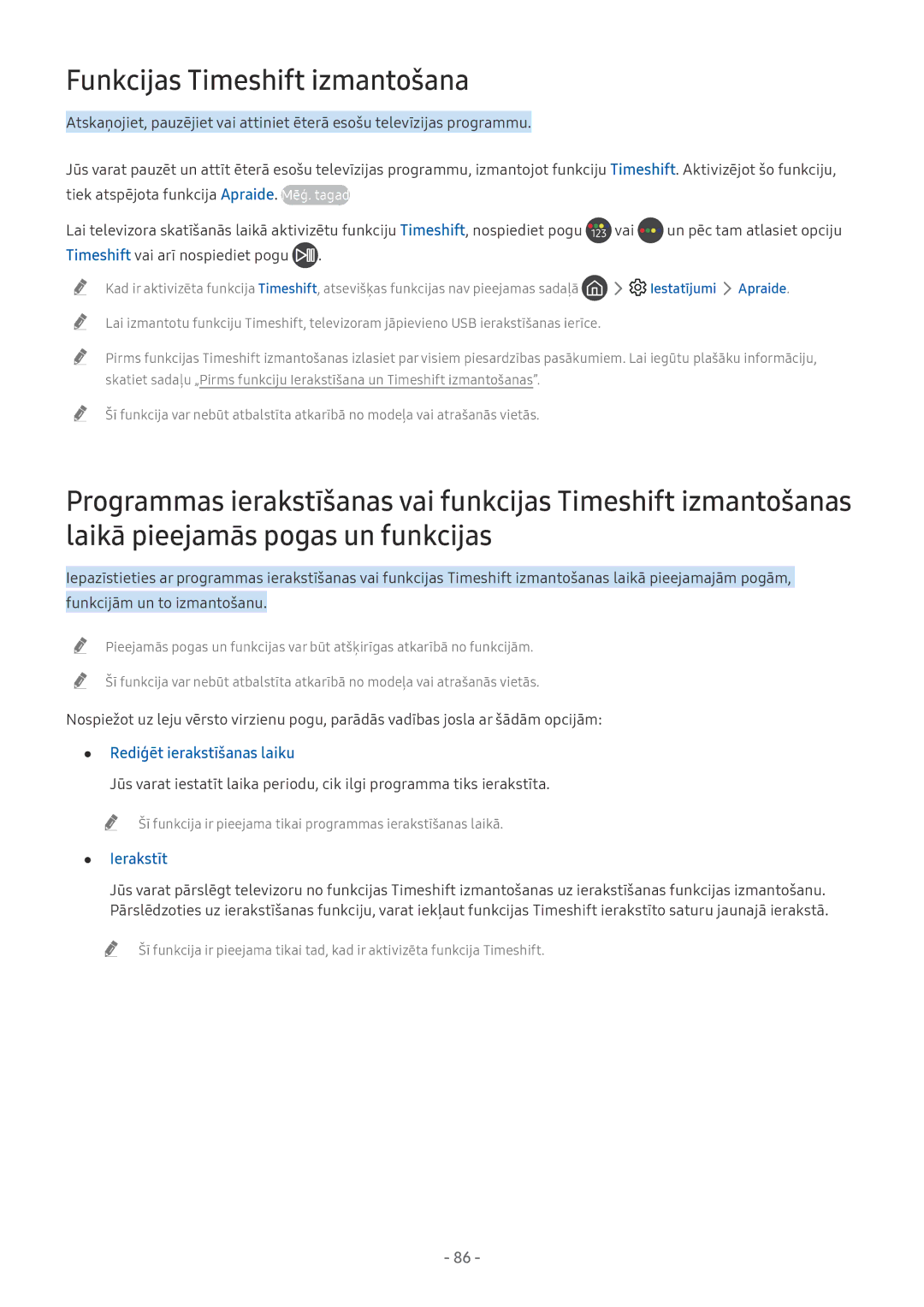 Samsung QE75Q7FNATXXH manual Funkcijas Timeshift izmantošana, Rediģēt ierakstīšanas laiku, Ierakstīt, Iestatījumi Apraide 