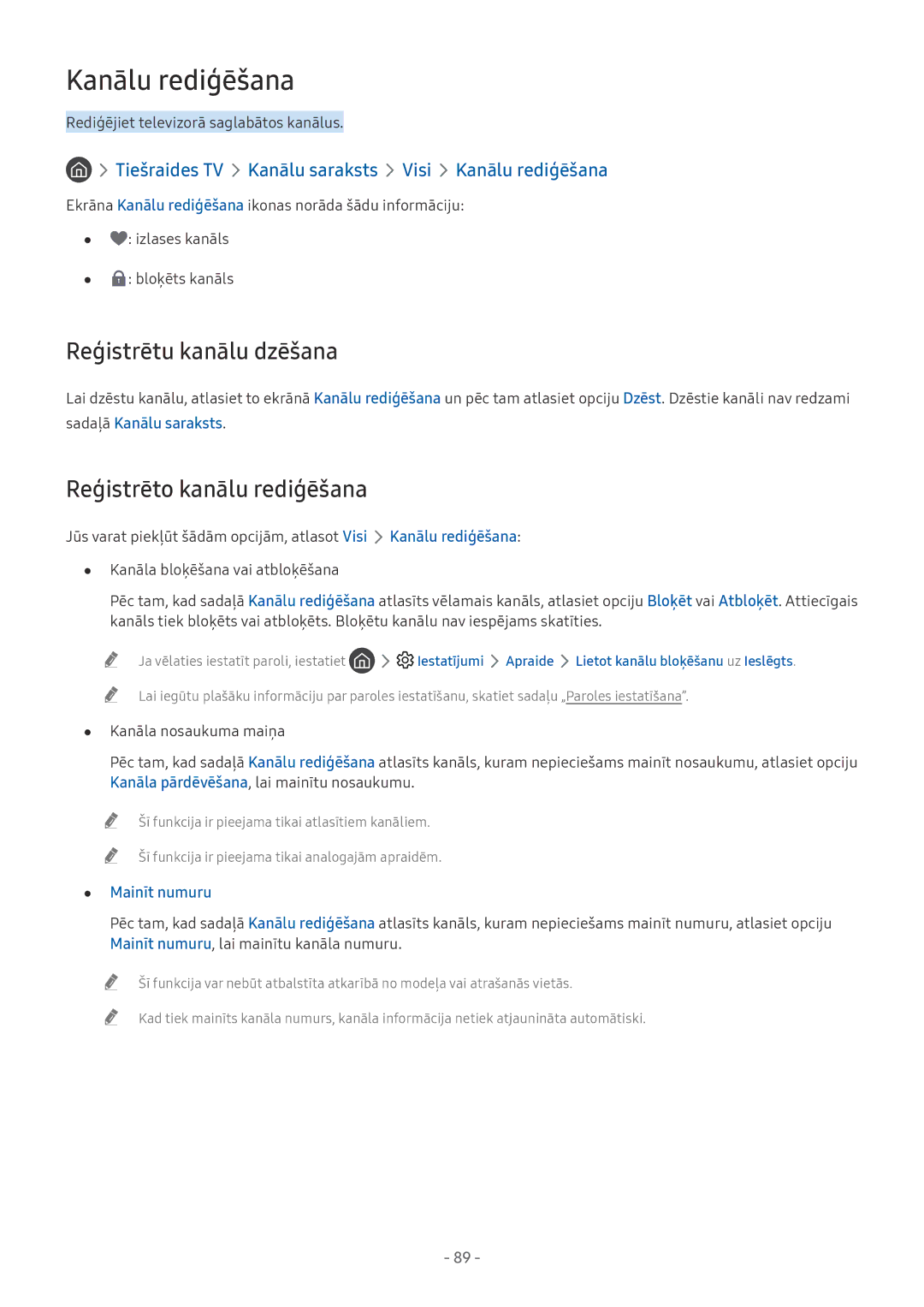 Samsung UE49NU8072TXXH, QE65Q8CNATXXH manual Kanālu rediģēšana, Reģistrētu kanālu dzēšana, Reģistrēto kanālu rediģēšana 