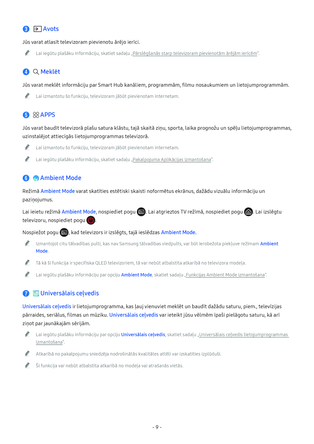 Samsung QE65Q9FNATXXH, QE65Q8CNATXXH, UE65NU7402UXXH, QE75Q7FNATXXH Avots, Meklēt, Apps, Ambient Mode, Universālais ceļvedis 