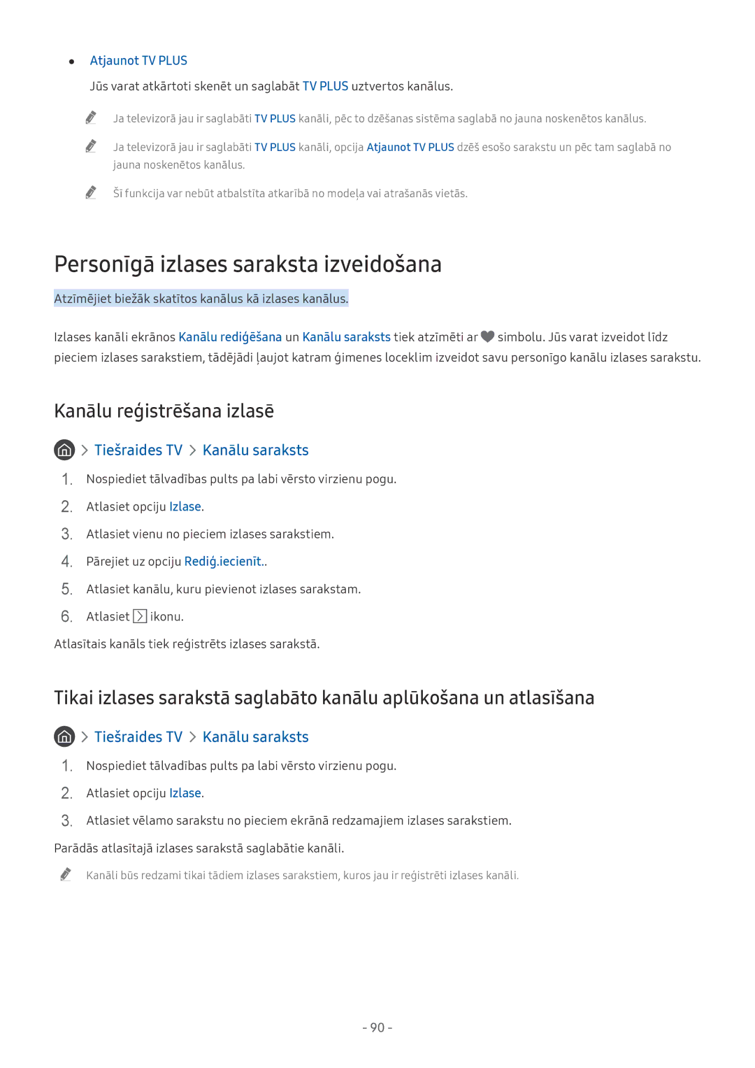 Samsung QE55Q8CNATXXH, QE65Q8CNATXXH Personīgā izlases saraksta izveidošana, Kanālu reģistrēšana izlasē, Atjaunot TV Plus 