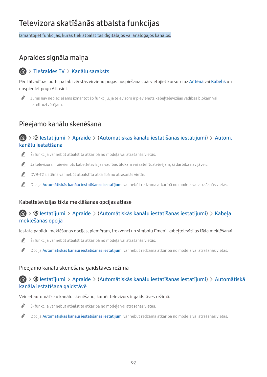 Samsung QE75Q9FNATXXH manual Televizora skatīšanās atbalsta funkcijas, Apraides signāla maiņa, Pieejamo kanālu skenēšana 