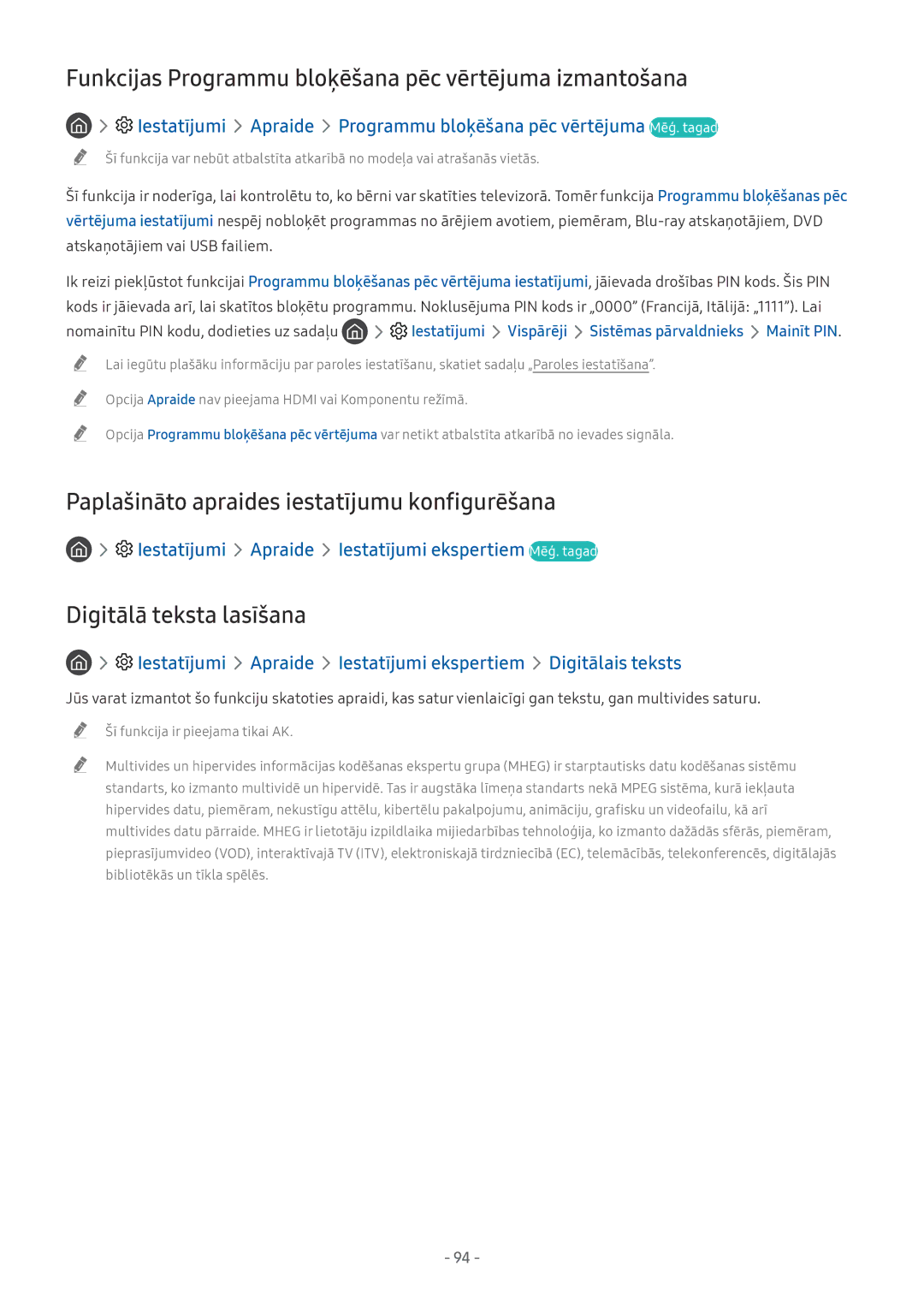 Samsung QE65Q7FNATXXH, QE65Q8CNATXXH Funkcijas Programmu bloķēšana pēc vērtējuma izmantošana, Digitālā teksta lasīšana 