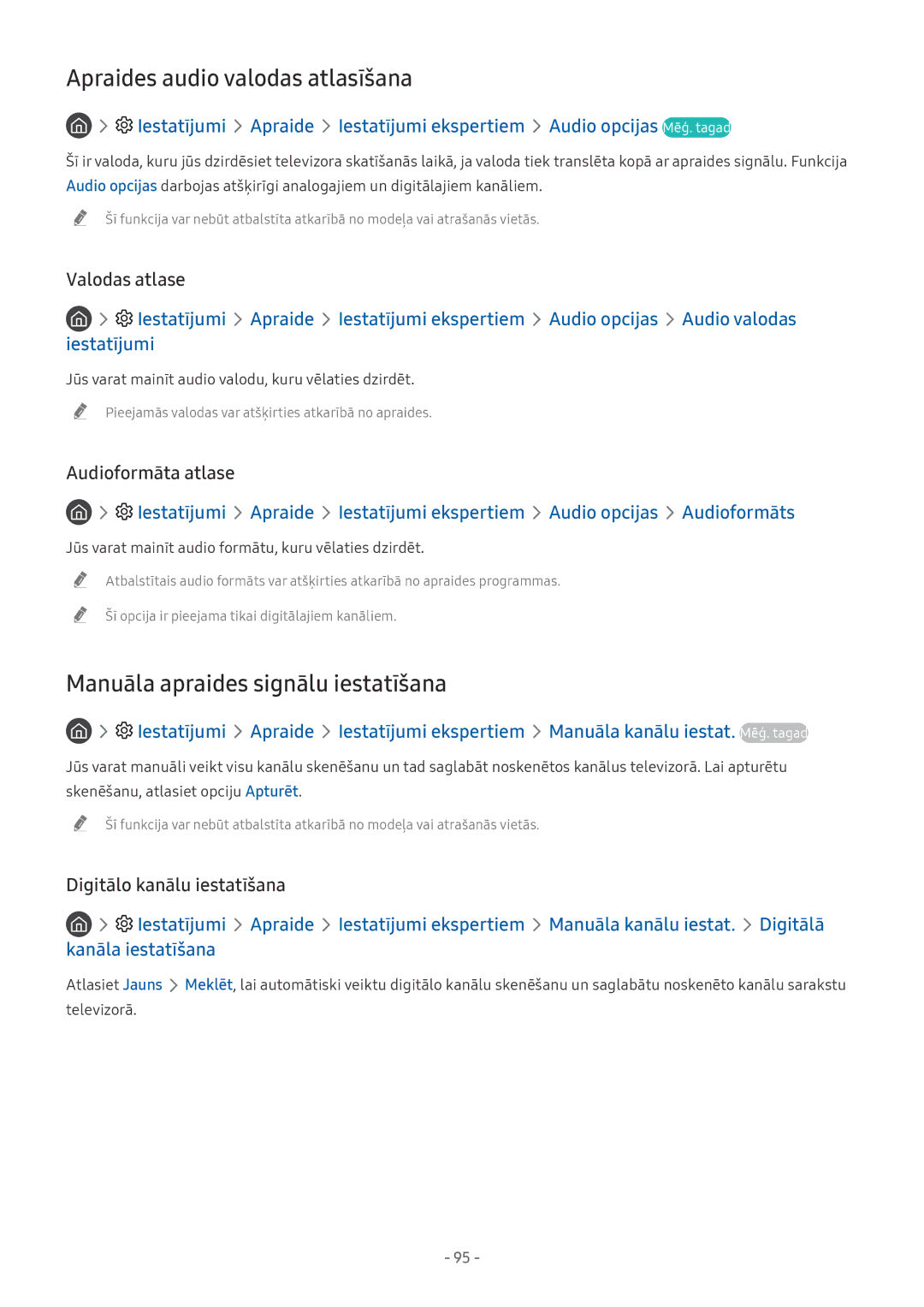 Samsung QE65Q6FAMTXXH manual Apraides audio valodas atlasīšana, Manuāla apraides signālu iestatīšana, Valodas atlase 