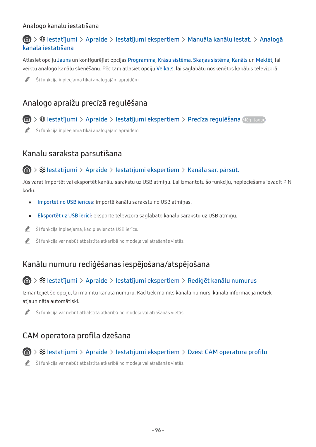 Samsung QE65Q8CNATXXH manual Analogo apraižu precīzā regulēšana, Kanālu saraksta pārsūtīšana, CAM operatora profila dzēšana 