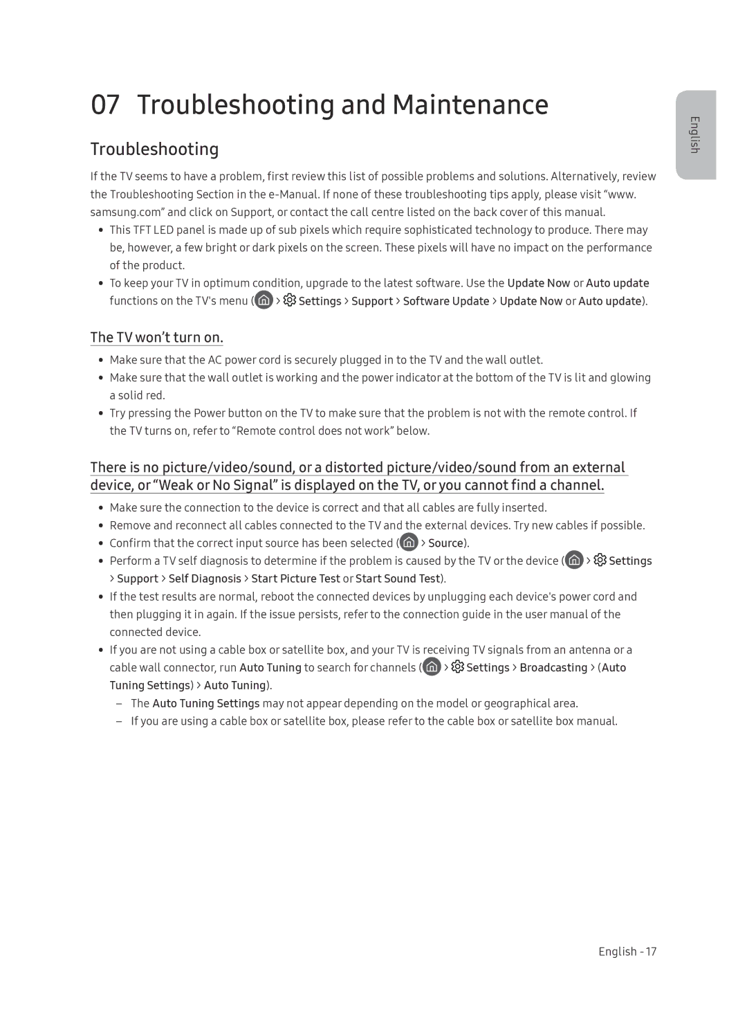 Samsung QE65Q8CNATXXH manual Troubleshooting and Maintenance, TV won’t turn on 