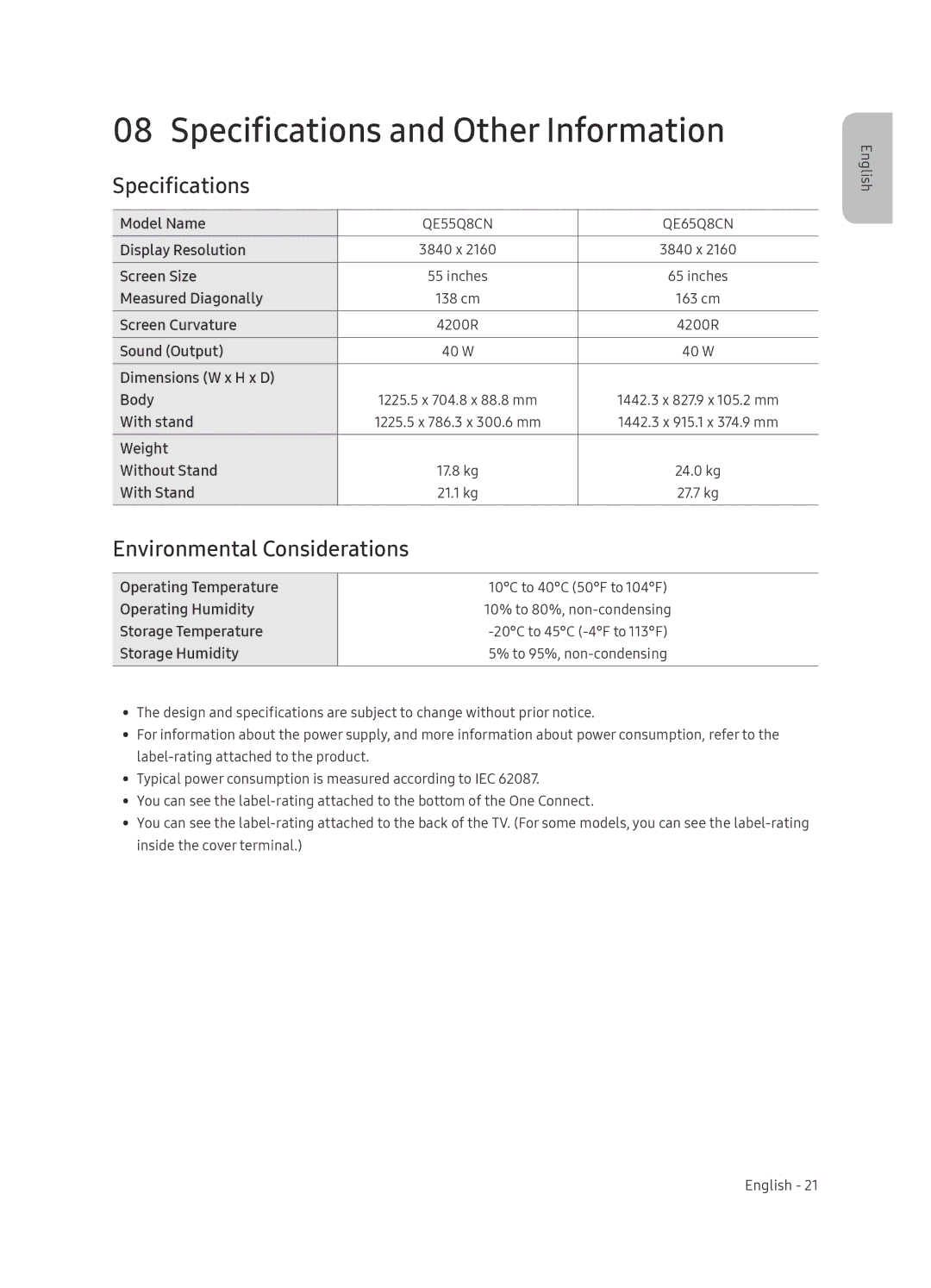 Samsung QE65Q8CNATXXH manual Specifications and Other Information, Environmental Considerations 