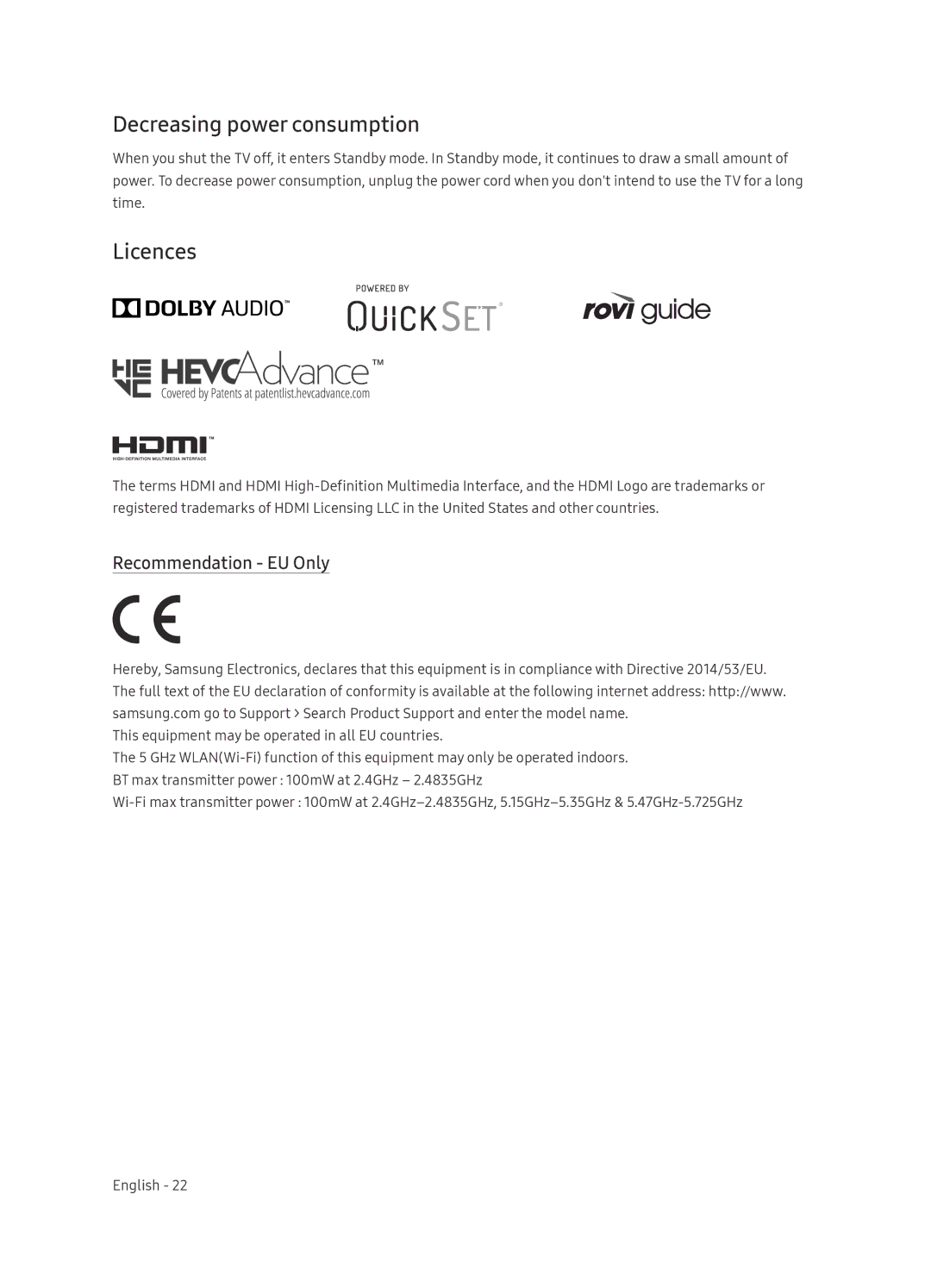 Samsung QE65Q8CNATXXH manual Decreasing power consumption, Licences, Recommendation EU Only 