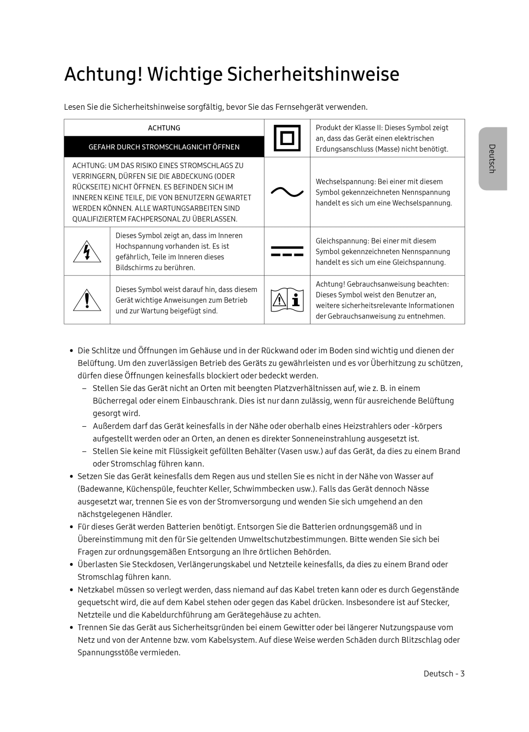 Samsung QE65Q8CNATXXH manual Achtung! Wichtige Sicherheitshinweise, Gefahr Durch Stromschlagnicht Öffnen 